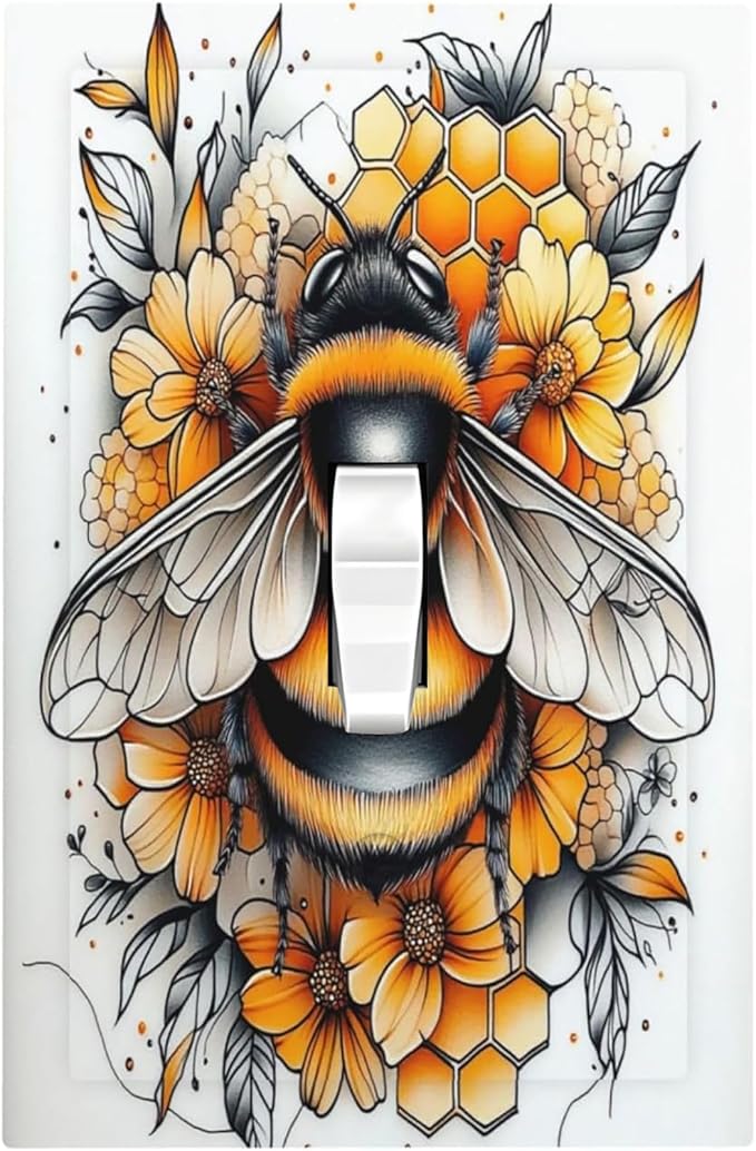 Decorative Light Switch Cover Bee Honeycomb Flowers Plant Leaves 1 Gang Single Toggle Device Electrical Faceplate Switchplates Decorator Outlet Wall Plate For Nursery Kids Room Decor