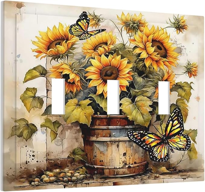 Decorative Switch Plates Rustic Vintage Sunflower Bouquet Butterfly 3 Gang Wall Plate Faceplate Triple Toggle Light Switch Cover Electrical Wall Panels for Farmhouse Cabin Decor