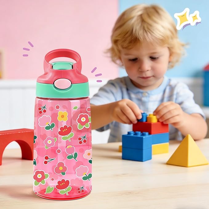 14oz Florals Kids Water Bottle with Straw Lid - Colorful Flowers Water Bottles for Kids, Leakproof, Lightweight, Durable Plastic Bottles for School, Pop-Up Straw Cover, Gift Cup for Girls(Flower)