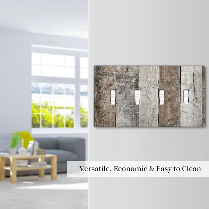 Natural Grey Wood Vintage Faux Wood Grain Light Switch Covers Quad Toggle Electrical Faceplate 4 Gang Wall Plate Decorative Switch Plates Cover for Farmhouse Home Decor