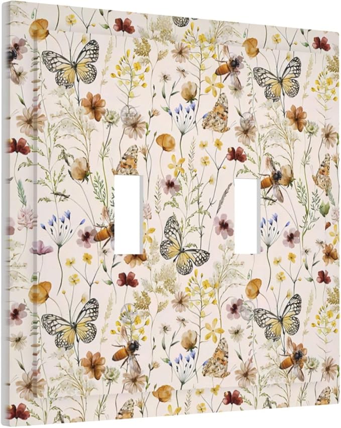 Vintage Butterflies 2 Gang Double Toggle Wall Plates Colorful Wildflower Light Switch Cover Decorative Cute Bees Electrical Switchplate Faceplate Beige Flower Leaves Dimmer Decor for Bedroom Kidroom