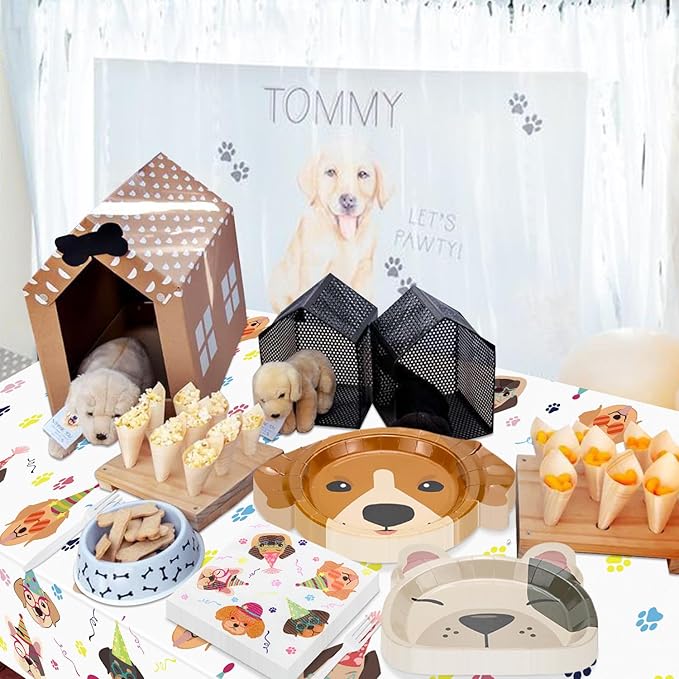 81 Pcs Dog Party Decorations - Including Plates, Napkins, Puppy Tablecloth, Black Plastic Forks for Kids Puppy Dog Themed Birthday Party Supplies, Serve 20
