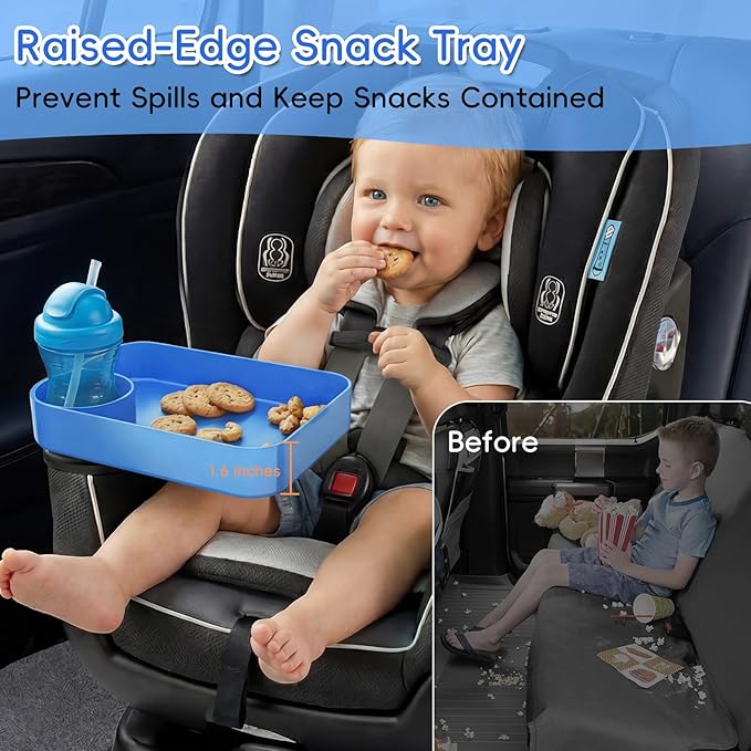 Kids Car Seat Tray, Travel Tray with Cup Holder for Toddler Baby, Kids Car Seat Food Snack Organizer for Road Trip, Stroller Snack Organizer Travel Must Haves Toddler Must Haves (Blue, 1 Pack)