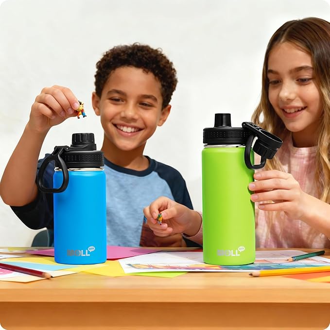 Kids Insulated Water Bottle-16 oz Stainless Steel Vacuum Wide Mouth Sports Flask with Silicone Boot-Reusable Metal Leak Proof Travel Water Bottle for Girls Boys, BPA-Free(Apple Green)