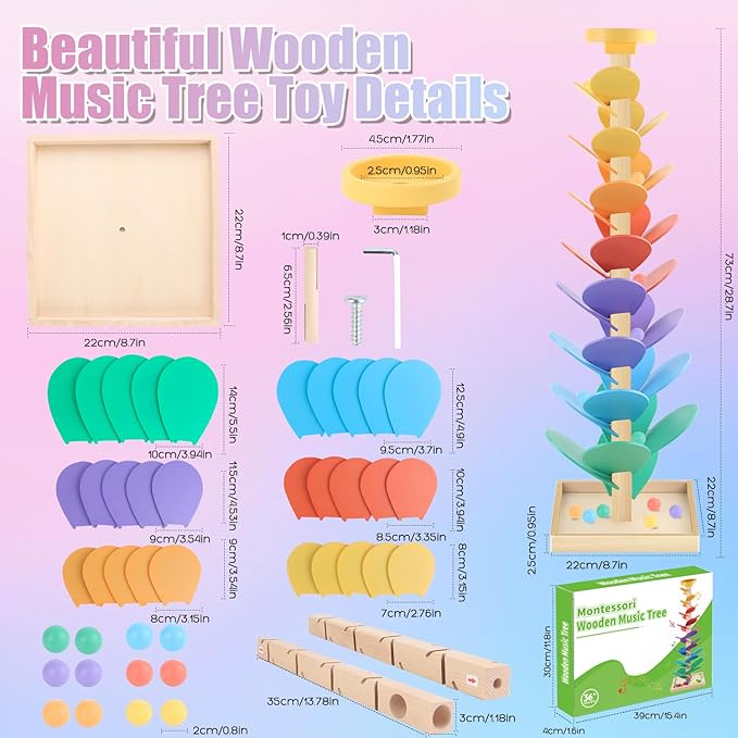 Wooden Marble Run Music Tree Montessori Toys for Kids 3+ Years Old Marble Ball Run Learning Game Wood Color Sorting Toys for 4-8 Boys and Girls Birthday