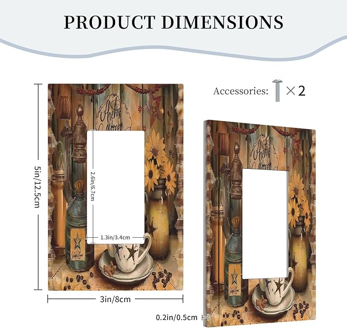 Decorative Outlet Covers Vintage Coffee Pot Star Farmhouse Wood Plank 1 Gang Single Decora GFCI Device Light Switch Cover Plate 1 Rocker Wall Plate Jumbo Switch Plate Cover