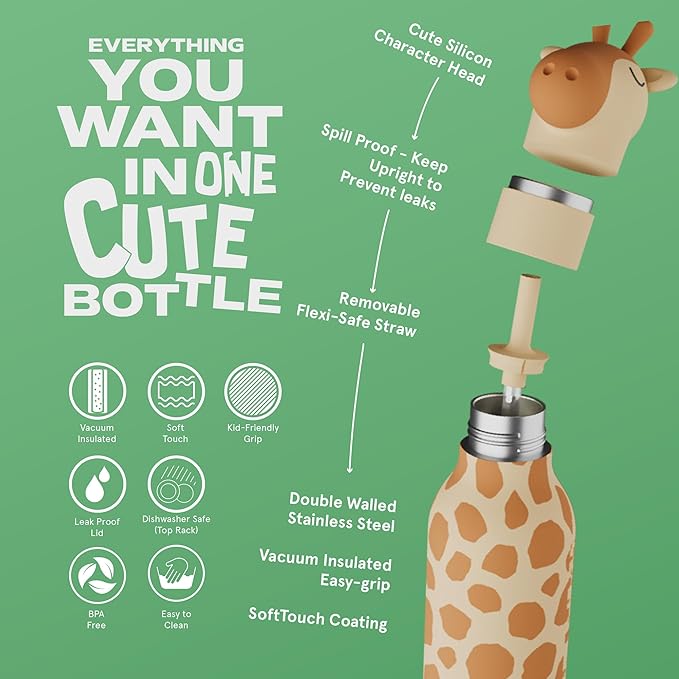 asobu Bestie Bottle Insulated Stainless Steel Water Bottle with Detachable Soft Animal Head Fun Drinking For Kids and Teens16 Ounce with Flexible Reusable Straw (GIRAFFE)