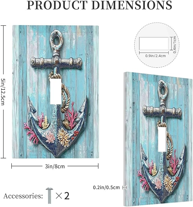 Decorative Light Switch Cover Anchor Coastal Beach Nautical Coral 1 Gang Single Toggle Device Electrical Faceplate Switchplates Decorator Outlet Wall Plate For Farmhouse Cabin Decor