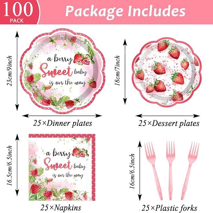 Qyeahkj 100 Pcs Strawberry Baby Shower Party Plates Napkins Forks Supplies Set Sweet Berry Tableware Party Supplies A Berry Sweet Baby Is On The Way Strawberry Dinnerware Decorations Favors Serve 25
