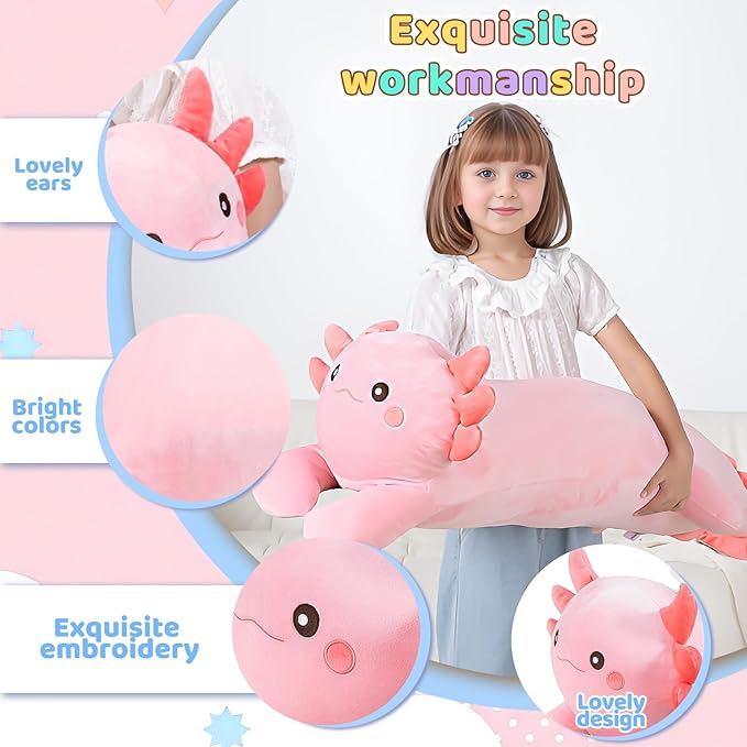 MMguai 40'' Big Pink Axolotl Plush Stuffed Animal, Large Axolotl Long Body Pillow Stuffy Plush Toy, Giant Soft Salamander Squishy Plushie Gift for Kids Boys Girls, Birthday, Christmas