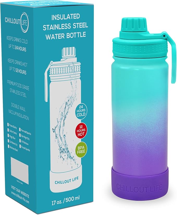 CHILLOUT LIFE 17 oz Kids Insulated Water Bottle for School with Leakproof Spout Lid and Cute Waterproof Stickers, Personalized Stainless Steel Thermos Flask Metal Water Bottle for Girls & Boys