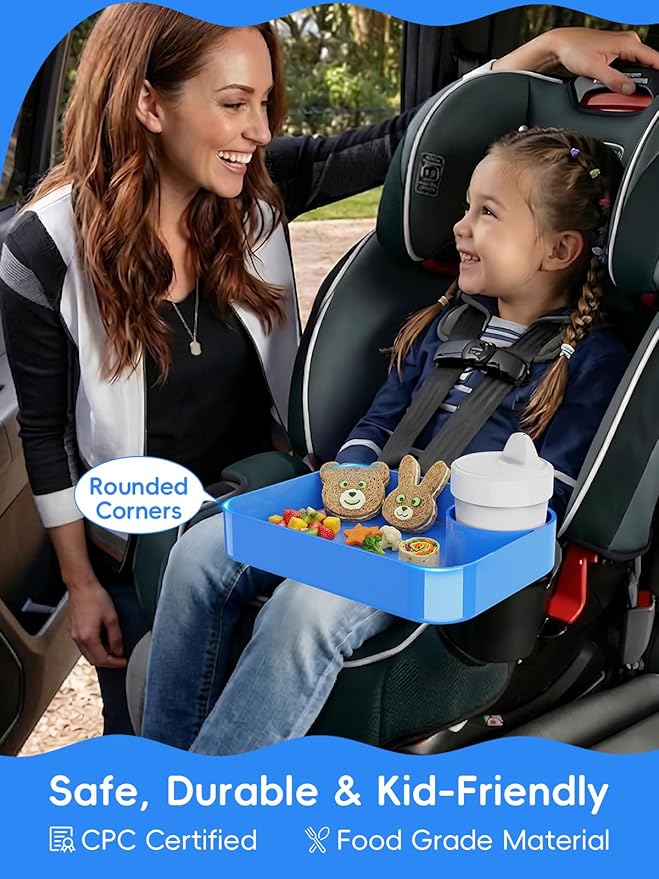 Car Seat Cup Holder Snack Tray for Kids, Reduces Mess, Detachable Large Base & Adjustable Ring, Carseat Tray for Toddler, Car Seat Food Tray Eating Table for Kids Travel Road Trip -Blue