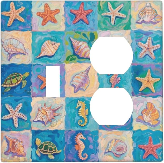 Sea Turtle Starfish Ocean Single Toggle Duplex Combo Outlet Wall Plate Decorative 2 Gang Light Switch Covers Electrical Switchplate Home Decorate Faceplat for Bathroom Bedroom Kitchen Room