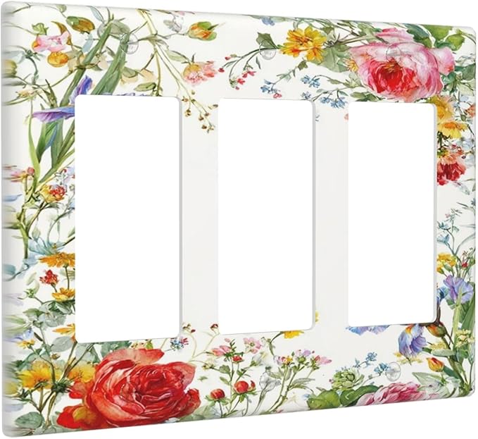 Decorative Outlet Covers Rustic Red Flower Garden Floral 3 Gang Light Switch Cover Plate Triple Rocker Wall Plates for Electrical Outlets Switch Plate Covers for Country Home Decor