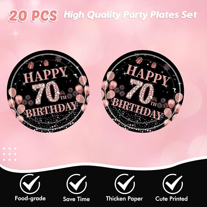 41Pcs Rose Gold 70th Birthday Decorations for Women,Vintage 1956 Aged 70th Birthday Tableware Decorations Includes Happy 70th Birthday Plates,Napkins and Tablecloth for 70 Years Old Birthday Supplies