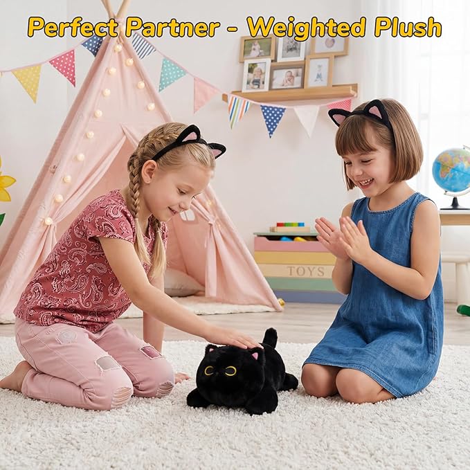 Weighted Black Cat Plush,Cute Weighted Stuffed Animals for Kids,Realistic & Soft Huggable Black Cat Weighted Plushie Pillow Toy Gifts for Girls Boys