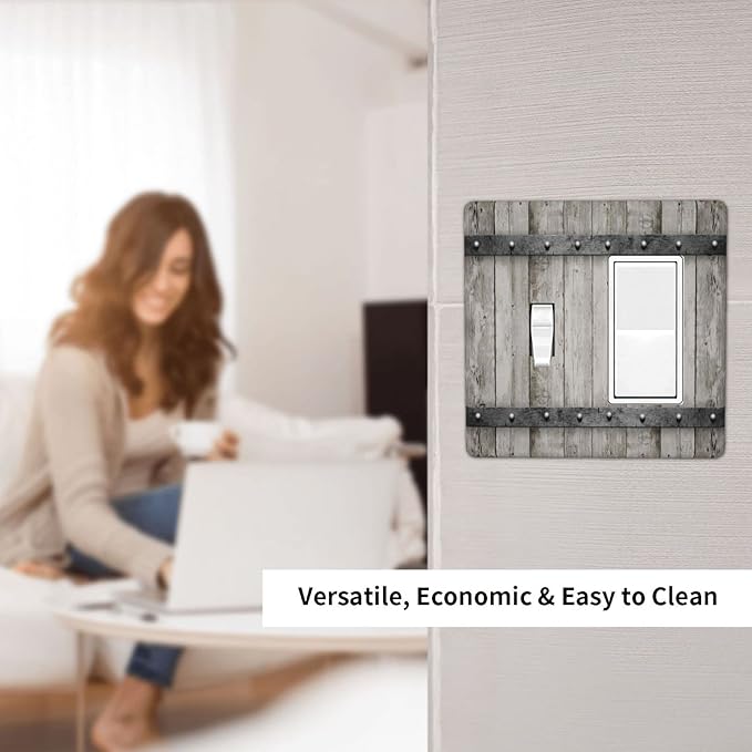 2 Gang Barn Door Toggle Rocker Light Switch Cover Decorative Combin Wall Plate Cover Plastic Faceplate Vintage Farmhouse Country Rustic for Bathroom Home Bedroom Art Panel Decor 4.5 X 4.5 In