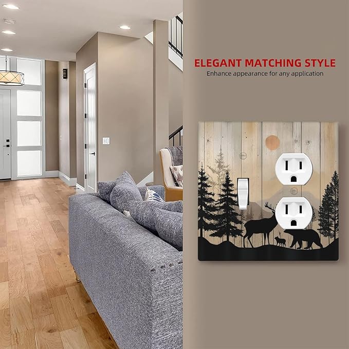 Wallplates Wood Board Wildlife Cute Bear Deer Forest Rustic 1 Toggle 1 Duplex Switch Plate Electrical GFCI Faceplate Decorative Light Switch Covers for Bathroom Farmhouse Decor
