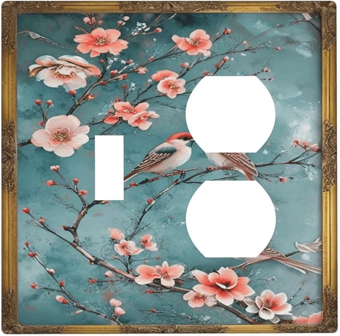 Decorative Art Light Switch Covers Birds on Branches 2 Gang Single Toggle Duplex Combination Electrical Faceplate Switchplate Wall Plate for Home Decor