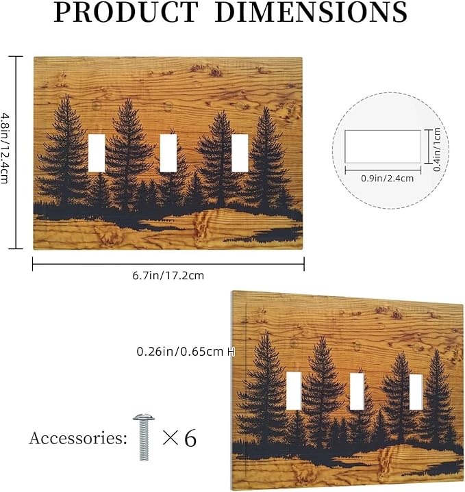 Decorative Switch Plates Forest Pine Silhouette Rustic Wood Grain 3 Gang Wall Plate Triple Toggle Light Switch Cover Faceplate Electrical Wall Panels For Farmhouse Cabin Decor