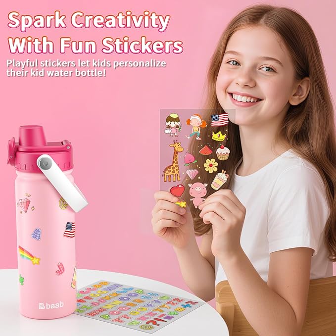 baab 18oz Kids Water Bottle, Insulated Kids Water Bottle with Lockable Spout Lid & Stickers, 18/8 Stainless Steel Vacuum Leakproof Kid Water Cup for Boy Girl School (White+Pink, 2 Pack)