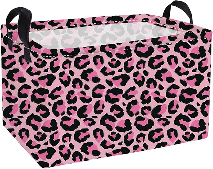 Essme Rectangular Kids Baskets,Pink Storage Basket with Handles for Girls Room Decor, Leopard Print Box,Cute Storage Bin（Pink leopard print）