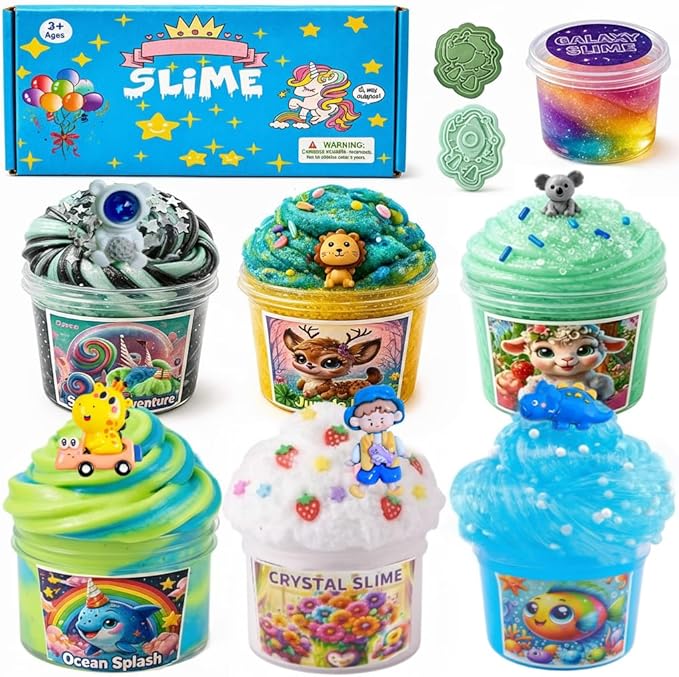 Slime 7 Pack for Kids,Cloud Slime kit Super Soft and Non-Sticky,Stress Relief Blue Clear Slime Set Toy for Christmas Day,DIY Butter Slime Party Favor for Birthday Valentine's Day Easter Gift