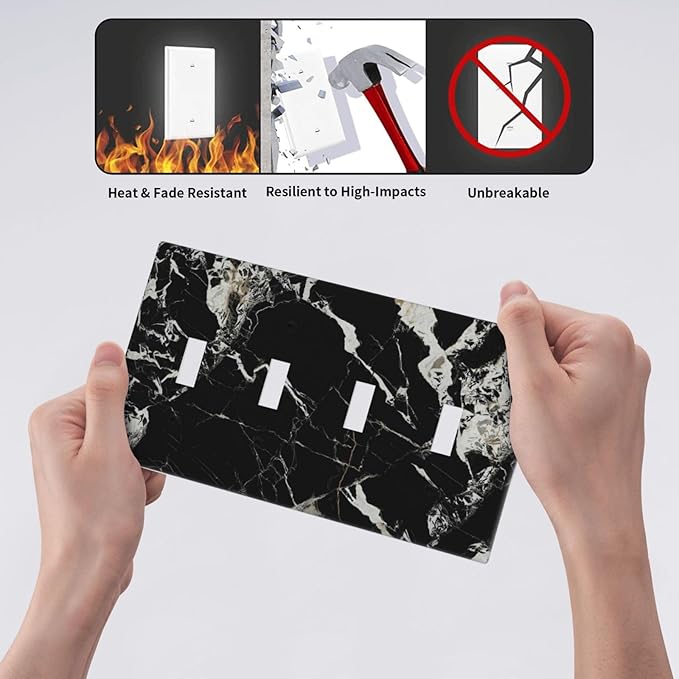 Black Marble Patterns Low Key Luxurious Light Switch Covers Quad Toggle Electrical Faceplate 4 Gang Wall Plate Decorative Switch Plates Cover for Bathroom Kitchen Decor