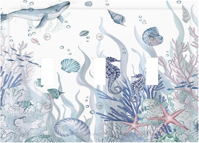 Ocean Themed Coral Seahorse Seashell Starfish Beach Decorative Switch Plates 3 Gang Wall Plate Triple Toggle Light Switch Cover Faceplate Electrical Wall Panels for Bathroom Home Decor