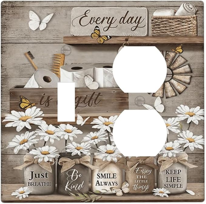 Rustic Daisy Flower Butterfly Inspirational Cottage Wallplates 1 Toggle 1 Duplex Switch Plate Electrical GFCI Faceplate Decorative Light Switch Covers for Farmhouse Bedroom Decor