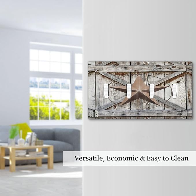 Rustic Western Texas Star Barn Door Quad Toggle Light Switch Cover Decorative Vintage Country Wood 4 Gang Wall Plate Electrical Faceplate Switchplate for Farmhouse Bathroom Home Living Room Decor