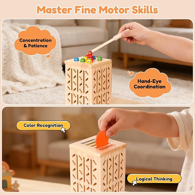 Montessori Toys Wooden Board Games for Kids 4-6, 5-in-1 Fine Motor Skills Educational Games for 3 4 5 6 Year Olds, Colorful Wooden Stick Game with Dice, Family Travel Games for Boys Girls