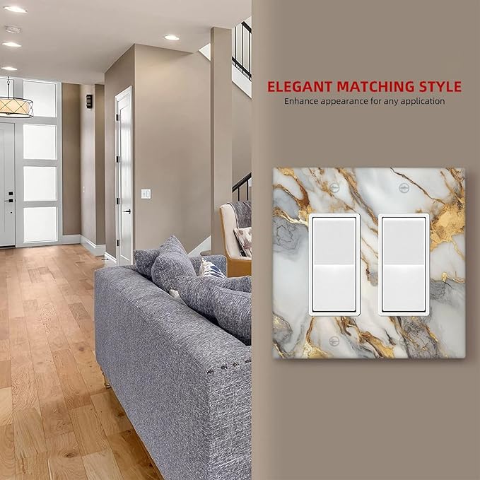 Outlet Covers White Gold Abstract Luxury Marble Patterns 2 Gang Double Rocker Light Switch Cover Plate Decorative Wall Plate GFCI Socket Cover Electrical Switch Plate Covers for Bathroom Home