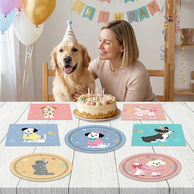 48Pcs Dog Birthday Party Supplies Set - Cute Puppy Themed Paper Plates & Napkins, Serves 24 Guests, Disposable Pet Party Tableware for Kids Birthday Baby Shower Table Decor