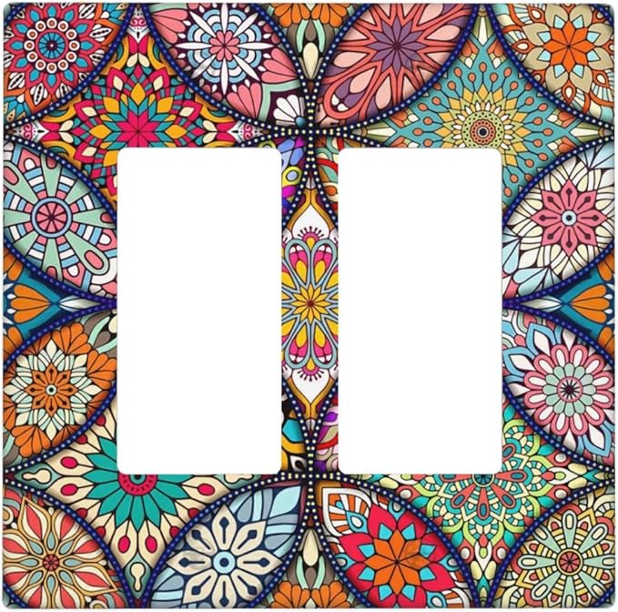 Bohemian Double Rocker Wall Plate Decorative 2 Gang Light Switch Cover colorful Vintage Floral Mandala Flower Gfci Electrical Switchplate Home for Bathroom Bedroom Kitchen Decor 4.6"X4.5"