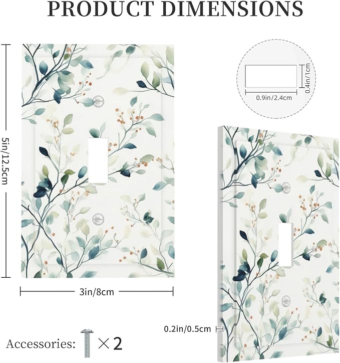 Watercolor Floral Green Leaves 1 Gang Light Switch Cover Single Toggle Wall Plate Green Botanical Flowers Decorative Electrical Switchplate Covers for Bedroom Kitchen Living Room Decor
