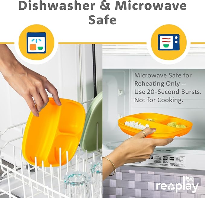 Re-play 3x3 Divided Toddler Plates and Utensils Set - Toddler Forks and Spoons Set - Dishwasher and Microwave Safe - Made in USA - Aqua Asst