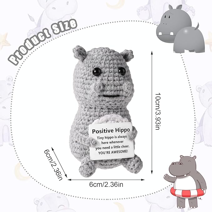 TOYMIS Positive Hippo, Emotional Knitted Positive Support Crochet Animal Doll with Positive Message Crocheted Hippo Potato Gift for Inspirational Gift Home Office Car Decor(Grey)