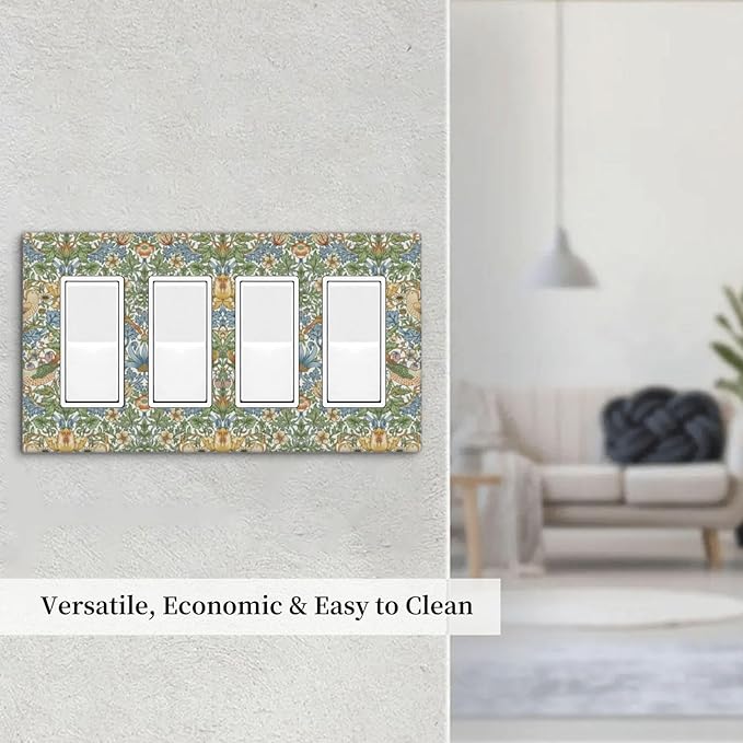 William Morris Strawberry Thrush Birds 4 Gang Light Switch Cover Vintage Floral Flowers Plant Quad Rocker Outlet Covers Switchplates Decorative Electrical Wall Plate for Country Home Decor