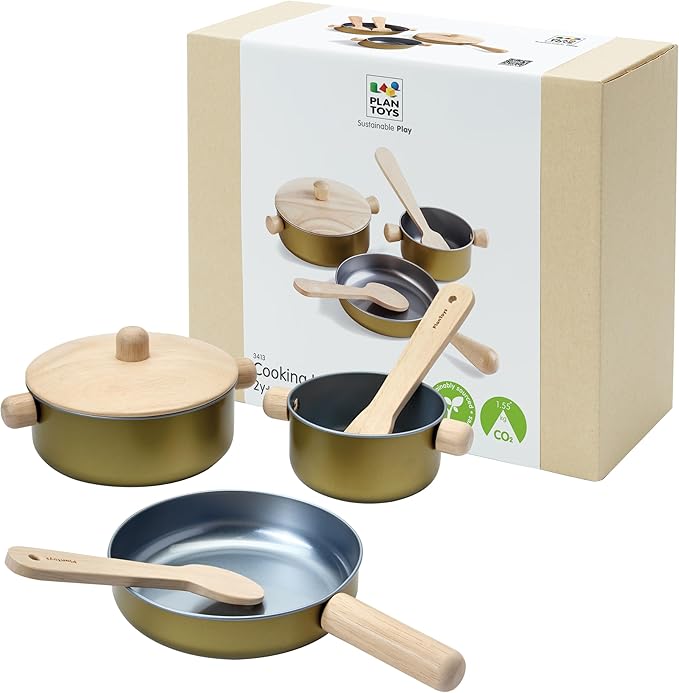 PlanToys® Pretend Play Wooden Cooking Utensils Set | Kitchen Toy for Imaginative Cooking | Encourages Creativity, Practical Life Skills & Montessori-Inspired Play