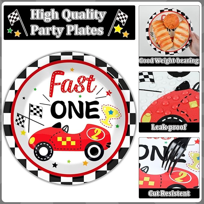 Fast One Birthday Decorations for Boys Racing Car 1st Birthday Party Supplies Fast One Plates Napkins Forks Checked Race Car Disposable Paper Plates Tableware Set for Kids Favors Serve 25