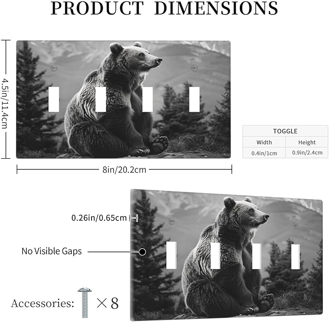 Light Switch Cover Plate Black White Bear Mountain Pine Trees Wilderness 4 Gang Quad Toggle Decorative Switch Plates Electrical Wall Plates Faceplate for Bathroom Bedroom Decor