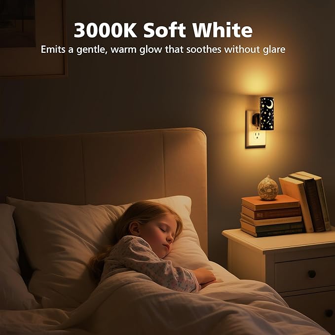 LED Night Lights Plug into Wall, 2-Pack 3000K Bright Plug in Nightlight, Dusk-to-Dawn Sensor, Dimmable 0-100LM, Auto-On/Off, Home Decor for Kids Room, Bathroom, Hallway, Bedroom, Black Stars