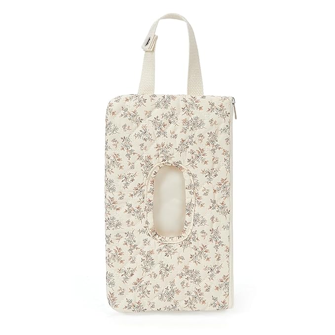 Quilted Baby Wipe Holder Quilted Wipe Pouch Portable Hanging Floral Wet Wipes Bag for Car, Stroller