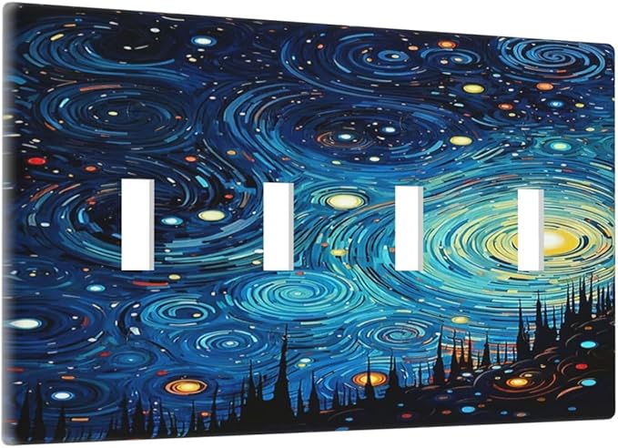 Light Switch Cover Plate Abstract Starry Night Style 4 Gang Quad Toggle Wall Plate Electrical Outlet Cover Decorative Switch Plate Covers for Home living Room Decor