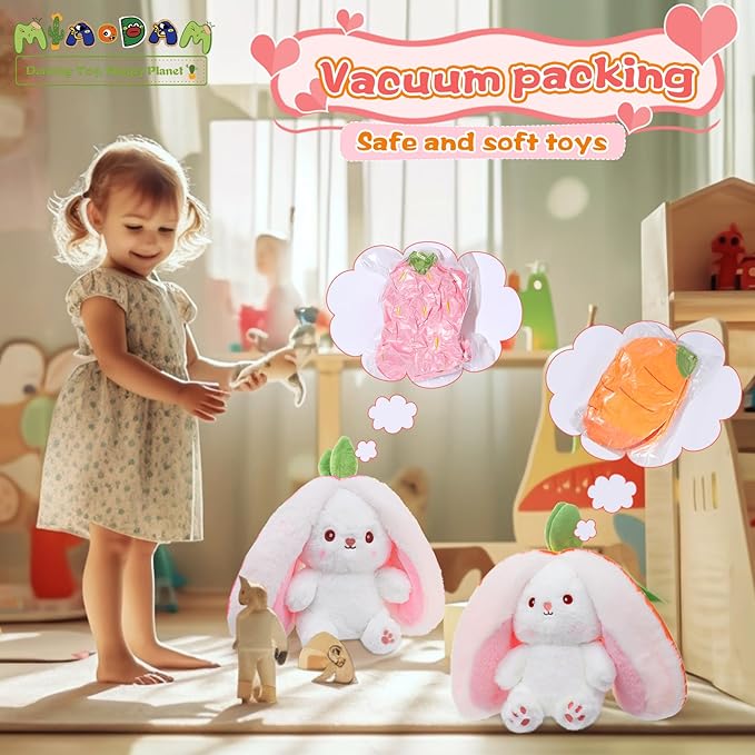 MIAODAM Cuddly Bunny Stuffed Animal, Kawaii Squishy Cute Easter Bunny Plush Turn Into Rabbit Fruit Doll Carrot Strawberry Pillow, Plushies Funny Bunny Toy for Baby