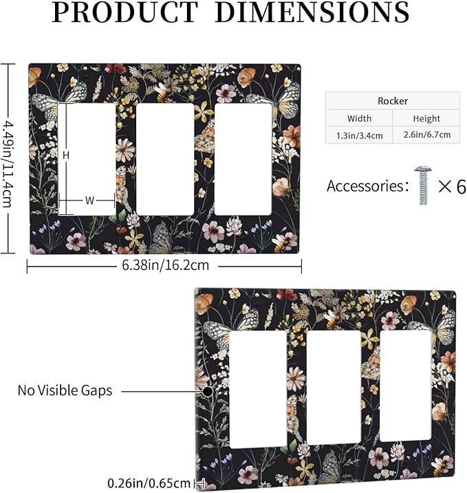 Vintage Flower Leaves Triple Rocker Wall Plates Butterfly Light Switch Plate Covers Decorative Dark Backgrounds GFCI Lightswitch Faceplate Cute Bees Dimmer Decor for Bedroom Kitchen Bathroom