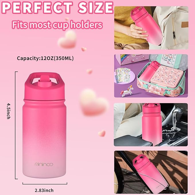 Mininoo Insulated Kids Water Bottle, 12 oz Stainless Steel Water Bottle Kids with Straw Lid and Chug Lid for Girls, Boys (Sweat Peach)