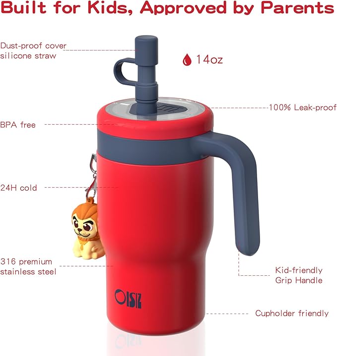 OISIZ 14oz Kids Tumbler with Straw Lid & Handle,Kids Cup with Animal Accessory for School,Kids Water Bottles with Dust-proof Cover,Leakproof Water Bottles,316 Stainless Steel,Keep Cold 24 Hours-red