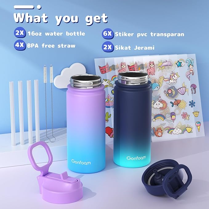 Kids Water Bottle, 2-Pack 16oz Water Bottles with Stickers and Straw, Stainless Steel Vacuum Insulated cup, Kids Water Bottle for School, Gifts for Boys and Girls(Blue/Purple)